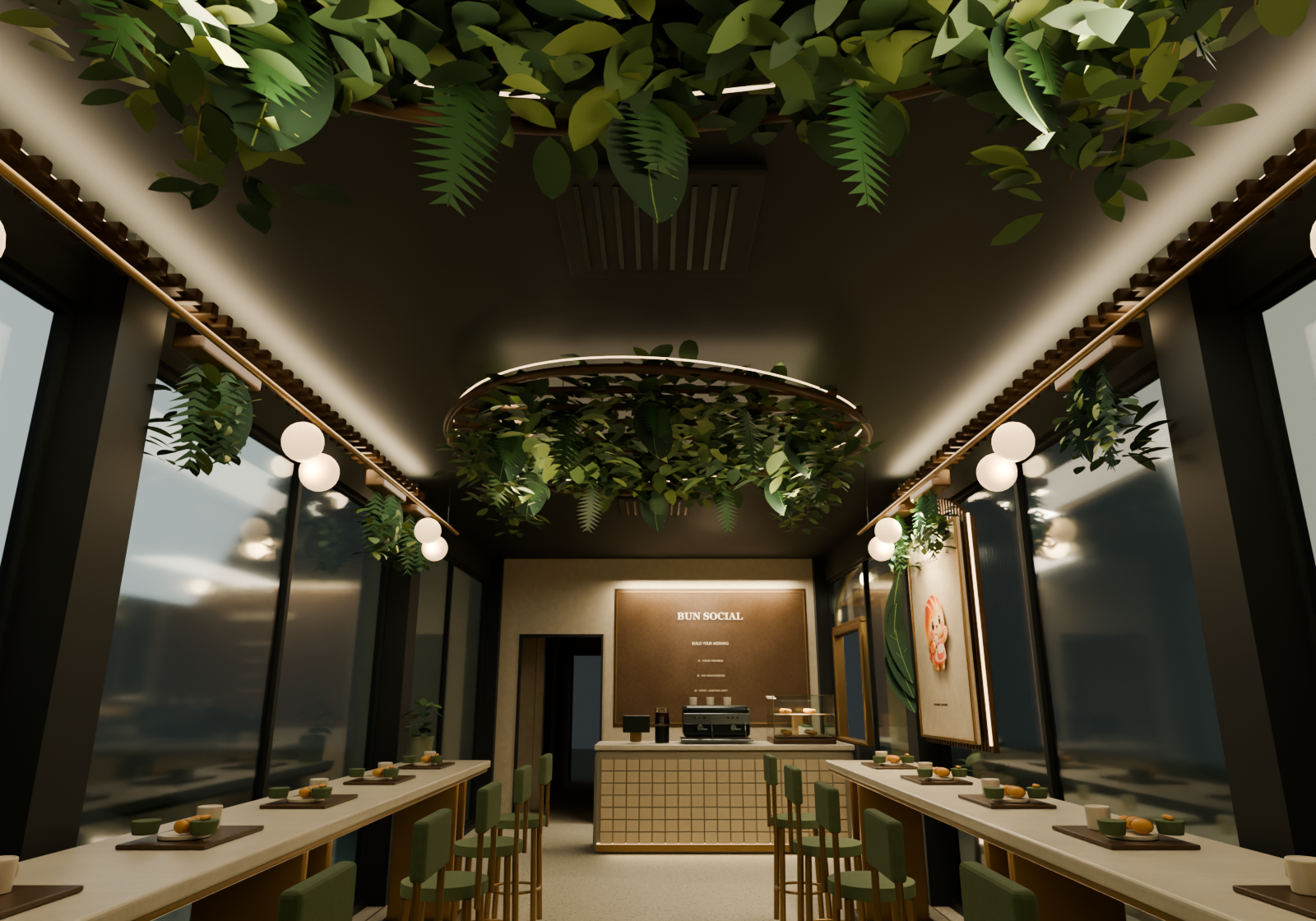 A2 02 / Ceiling garden · evening, two planted timber islands with integrated halo and leaf lighting