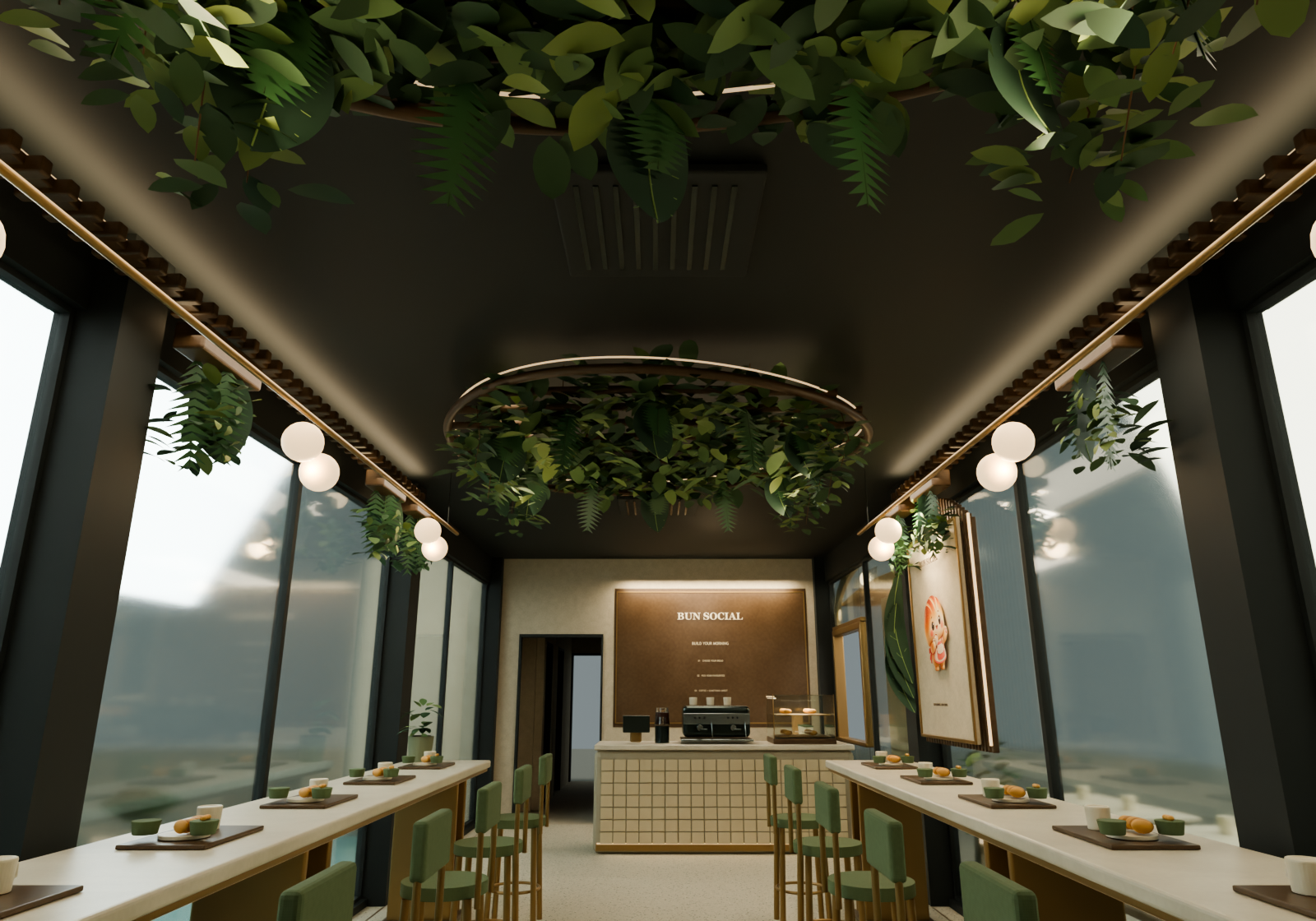 A2 01 / Ceiling garden · day, two planted timber islands with integrated halo and leaf lighting
