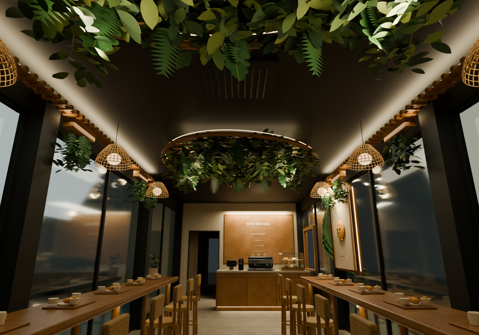 A1 tropical bakery with planted timber ceiling islands, warm lighting and two shared tables