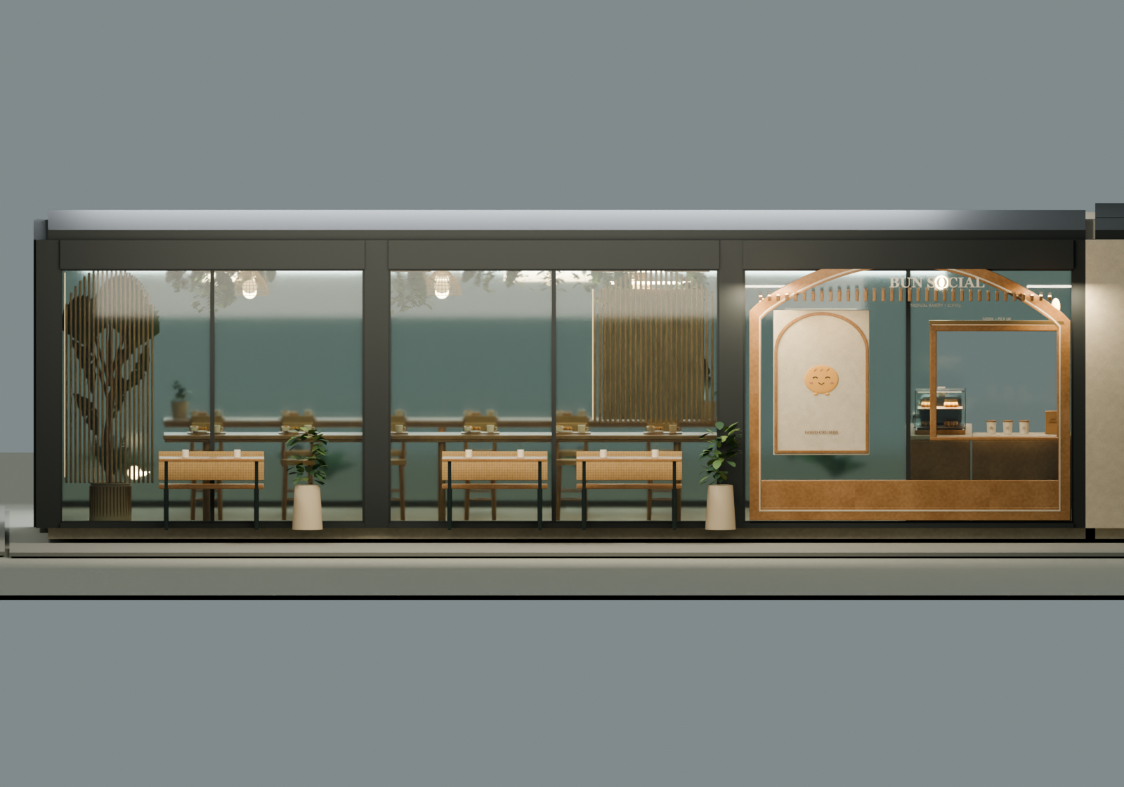 A1 leaf-shaped timber takeaway kiosk and conditional outdoor perches
