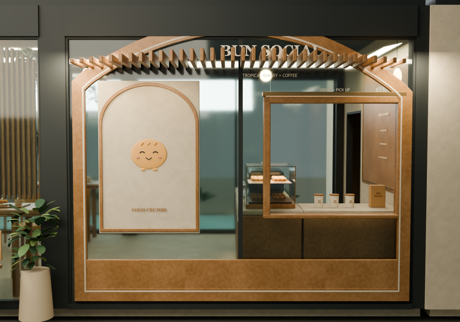 A1 bakery collection window and separate mascot photo niche