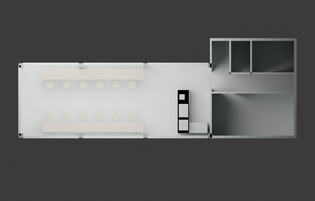 Neutral top view of the current twelve-seat communal layout